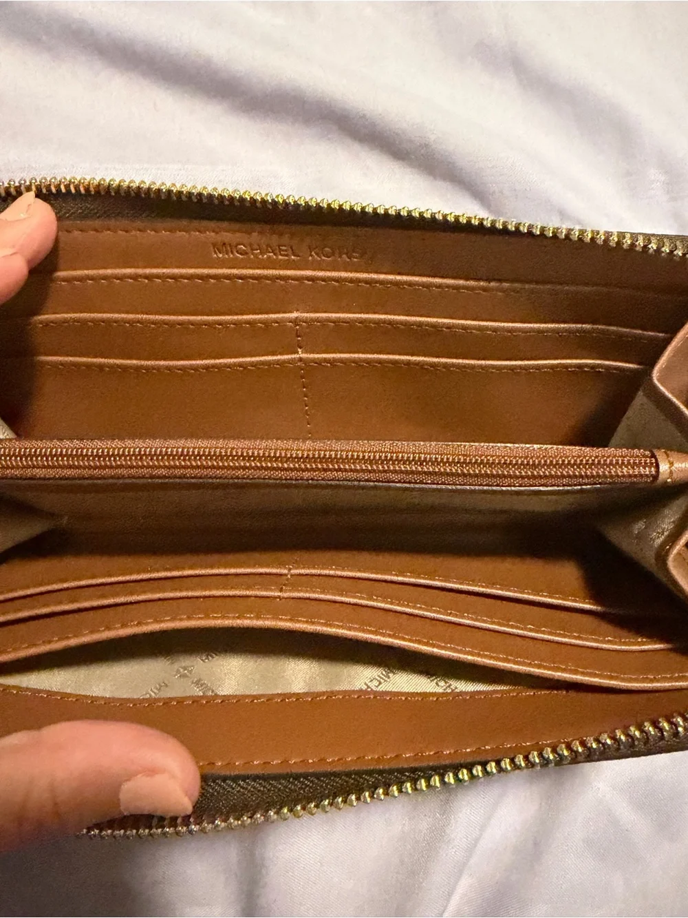 Michael Kors Brown Monogram Zip Wallet with Gold Logo